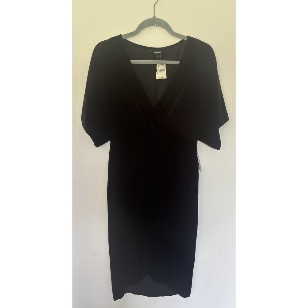 Express Black Velvet Dress Small NWT V Neck Short Sleeve Holiday Party